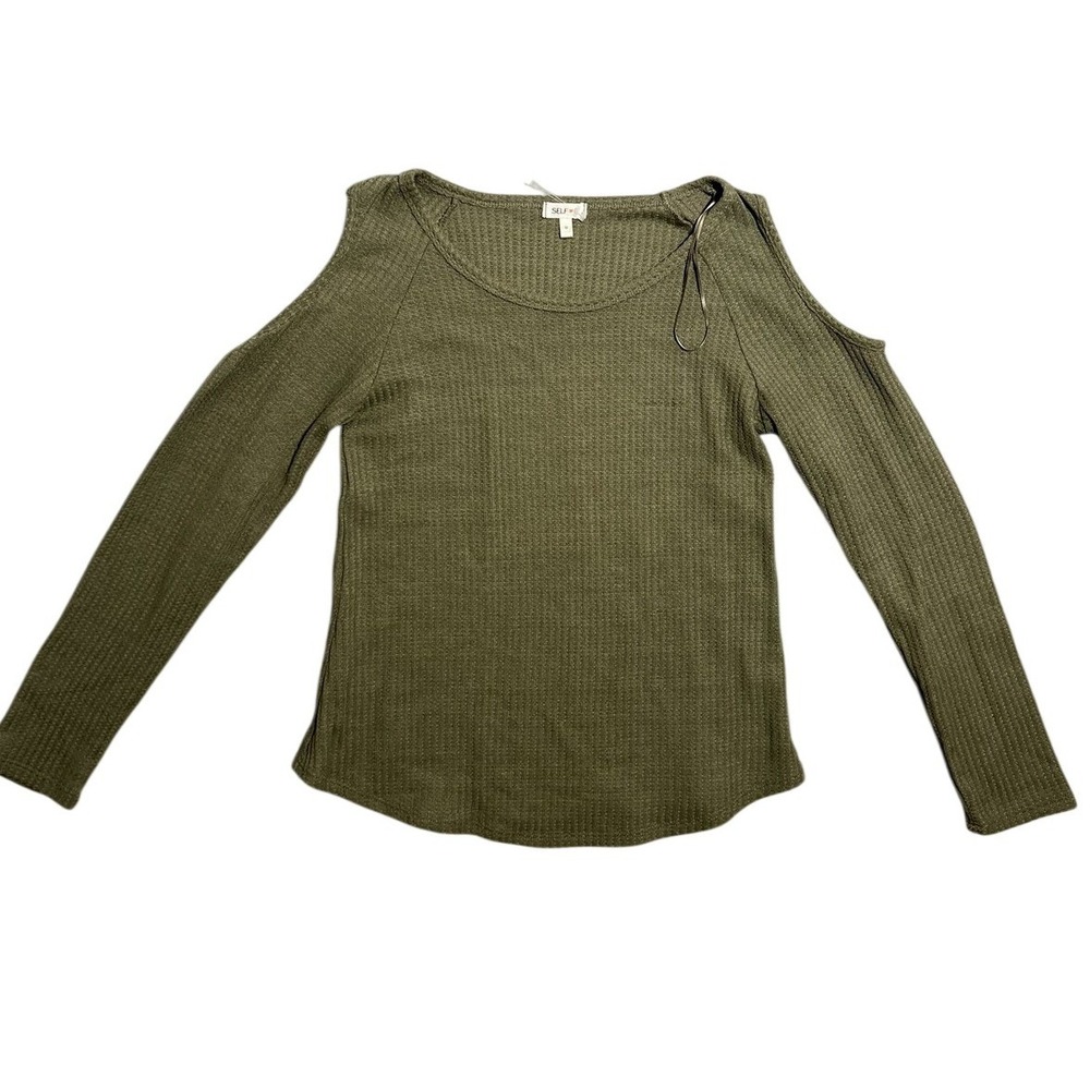 Self Esteem Women's M‎ Olive Green Ribbed Cold Shoulder Long Sleeve Top Blouse
